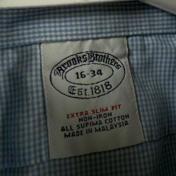 Brooks Brothers Extra-Slim 16-34 Non-Iron Spread Check Blue Cotton Button Up Men - Picture 9 of 16
